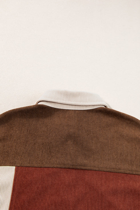 Colorblock Curved Hem Corduroy Shacket with Pocket